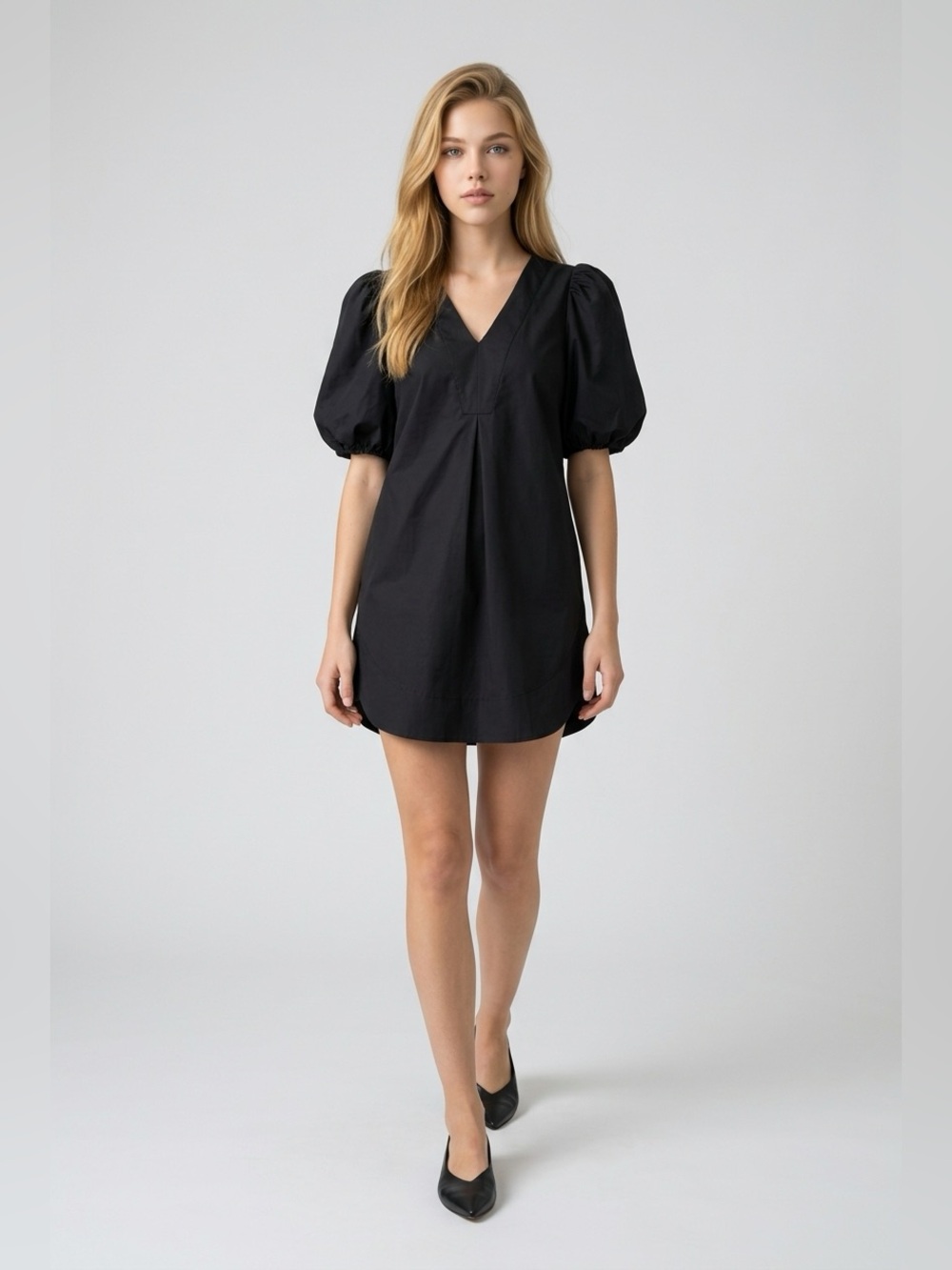 Cynthia Rowley Black V-Neck Puff Sleeve Mini Dress